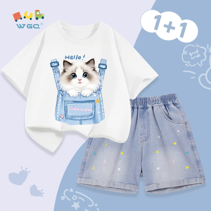 W.G.Q Bộ đồ bé gái，Áo thun phù hợp với quần short Denim，thời trang phù hợp，với thiết kế thêu hoa và in hình mèo con