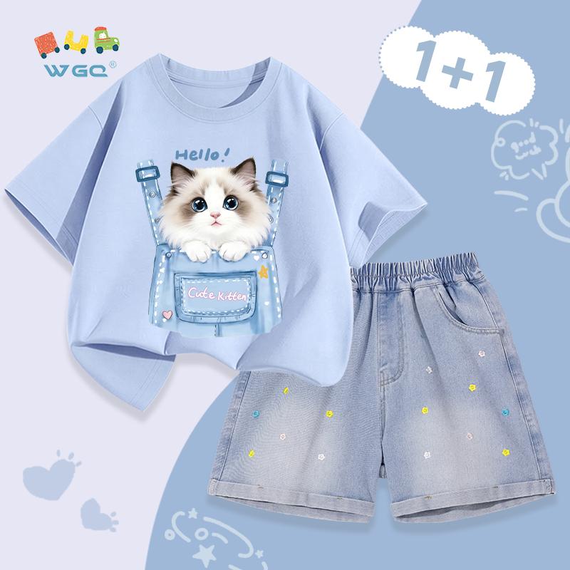 W.G.Q Bộ đồ bé gái，Áo thun phù hợp với quần short Denim，thời trang phù hợp，với thiết kế thêu hoa và in hình mèo con