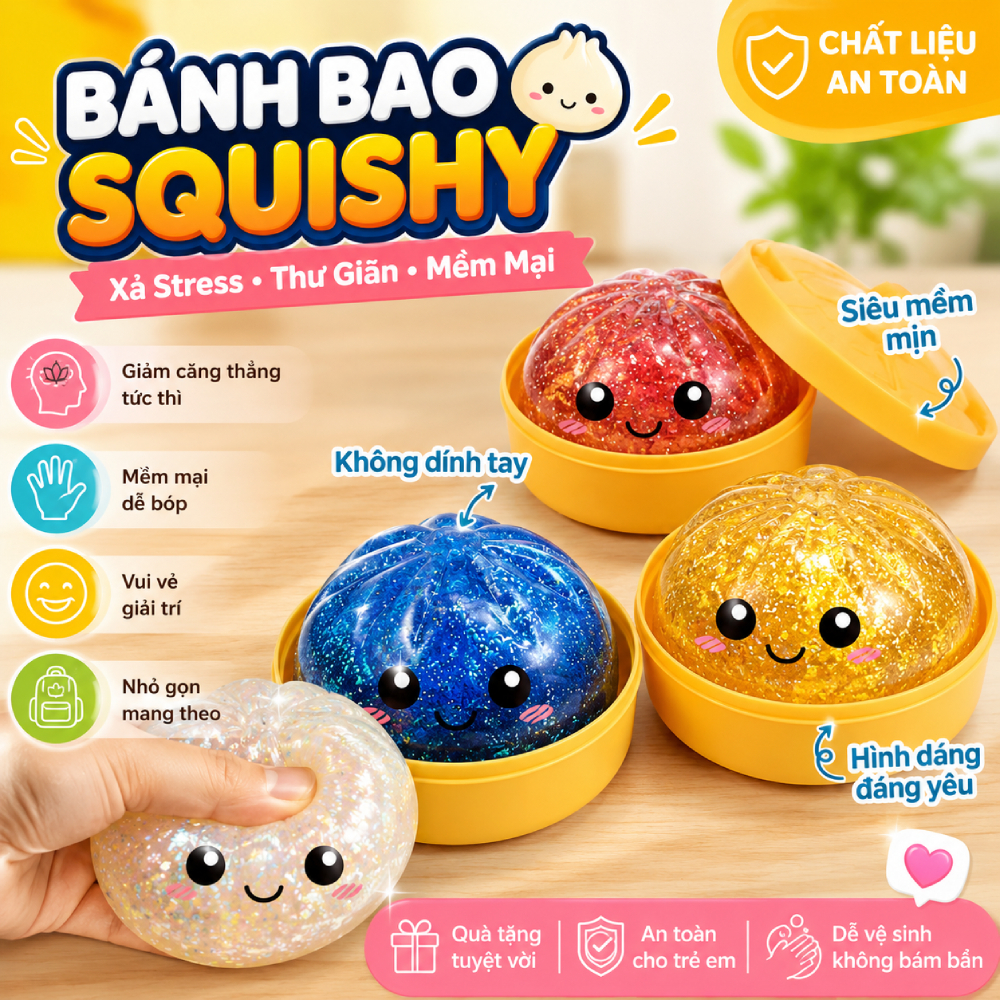 Đồ Chơi Bóp Bánh Bao Squishy Dễ Thương Mềm Mại Giảm Stress Thư Giãn Không Dính Tay