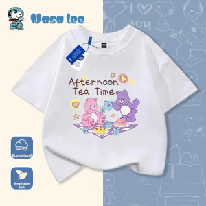 Kids Summer 2026 New White Cotton T-Shirt Girls Cute Bear Dessert Print Casual Short Sleeve Tee Top