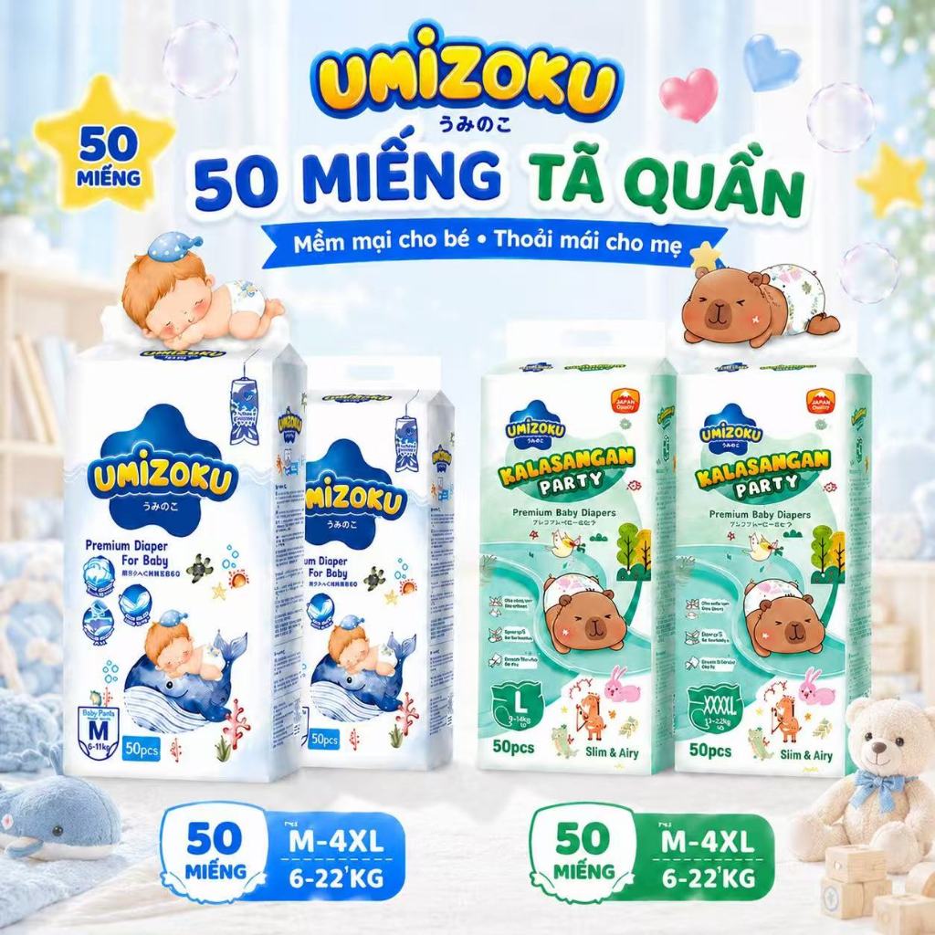 UMIZOKU Tã Quần 50 Miếng M-4XL Cho Bé 6-22kg, Siêu Thấm Hút, Thoáng Khí, Chống Hăm, Chống Tràn Ban Ngày & Ban Đêm