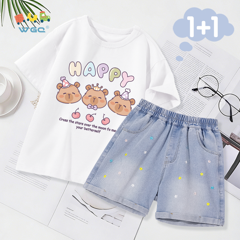 W.G.Q Bộ đồ bé gái，Áo thun phù hợp với quần short Denim，thời trang phù hợp với mọi phong cách，in capybara và thêu hoa