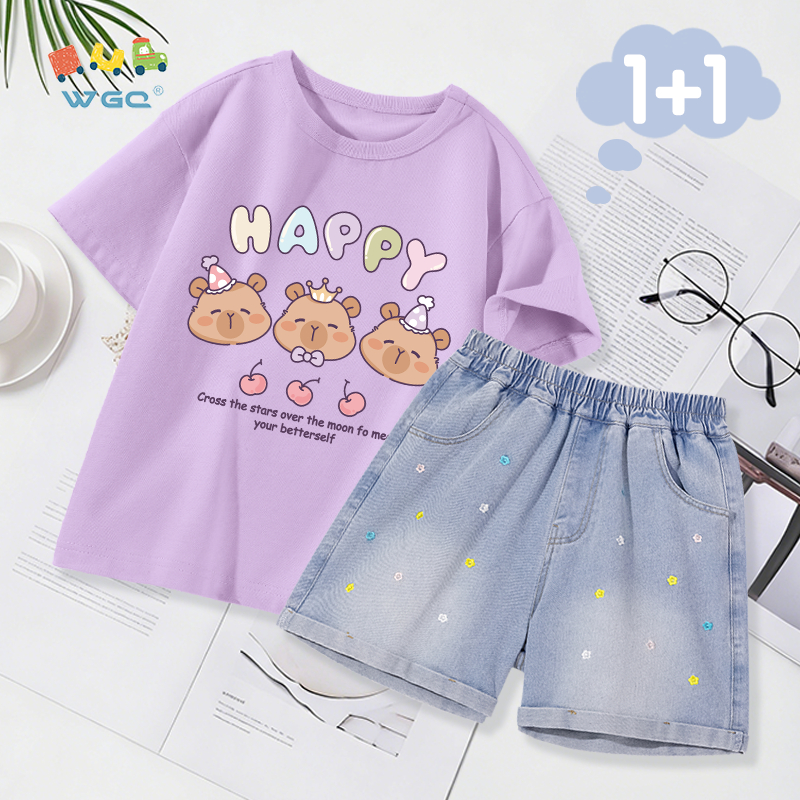 W.G.Q Bộ đồ bé gái，Áo thun phù hợp với quần short Denim，thời trang phù hợp với mọi phong cách，in capybara và thêu hoa