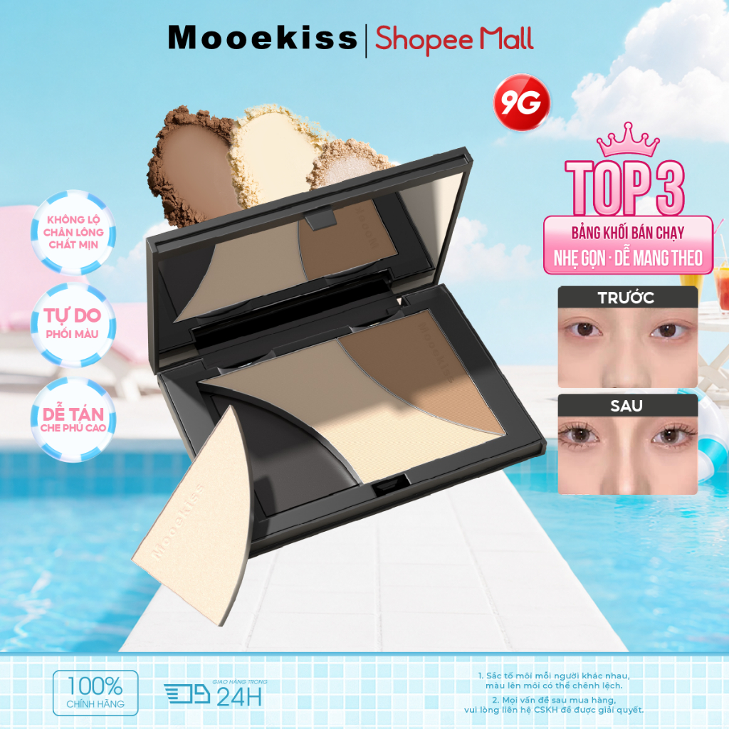 [LIVE] Bảng Tạo Khối Mooekiss 3 Màu 9g, Contour & Highlight, Tạo Gương Mặt Sắc Nét