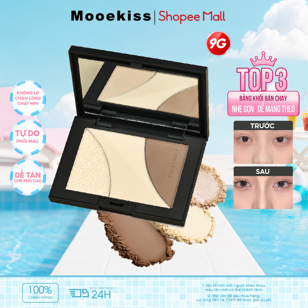 Bảng Tạo Khối Mooekiss 3 Màu 9g, Contour & Highlight, Dễ Tán, Tự Nhiên, Lâu Trôi