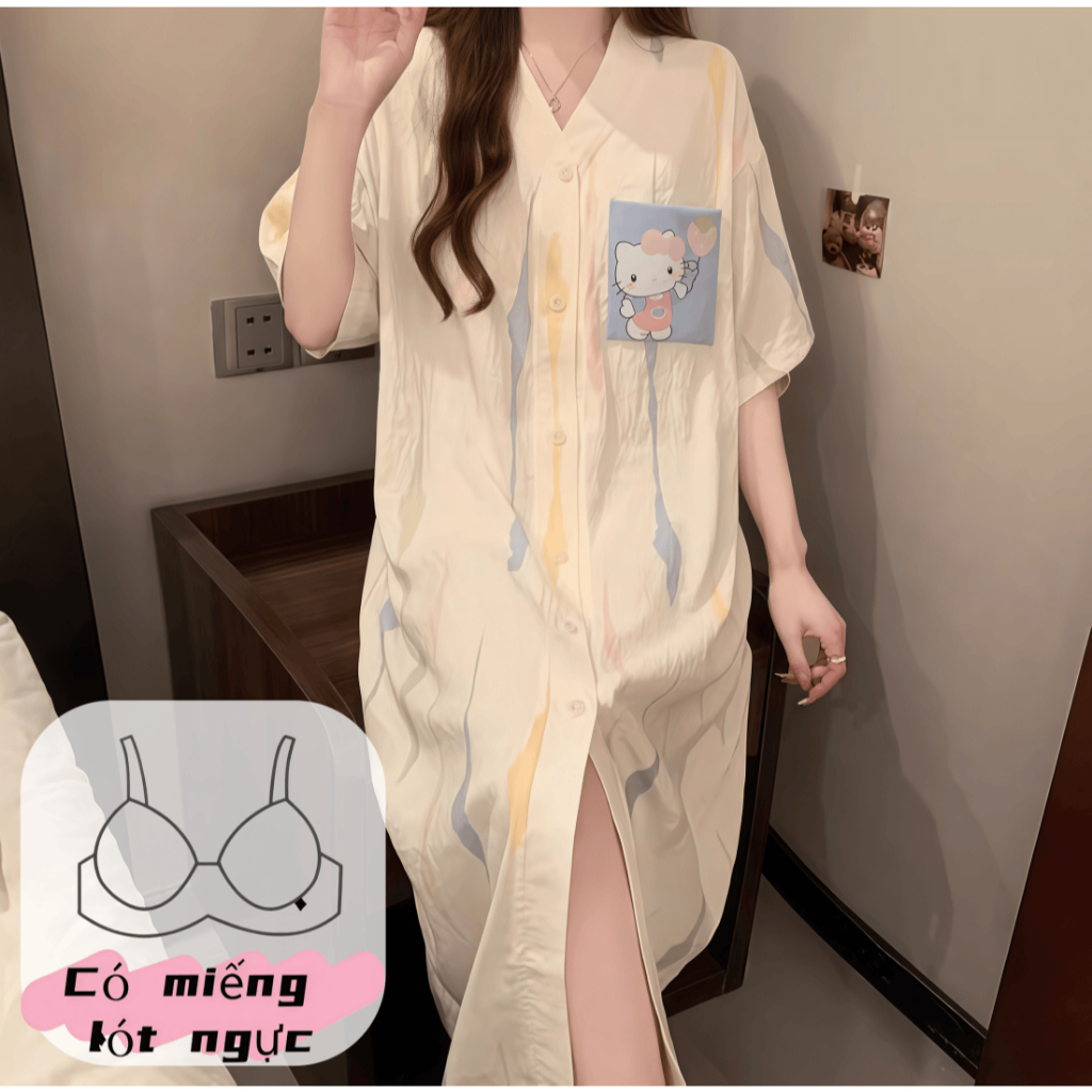 【Có miếng độn ngực】Áo ngủ nữ cổ chữ V phong cách mới in hình dễ thương chất cotton mềm mại thoáng mát rộng rãi tôn dáng ngọt ngào chi tiết lụa sang trọng mặc nhà mặc ngoài được，