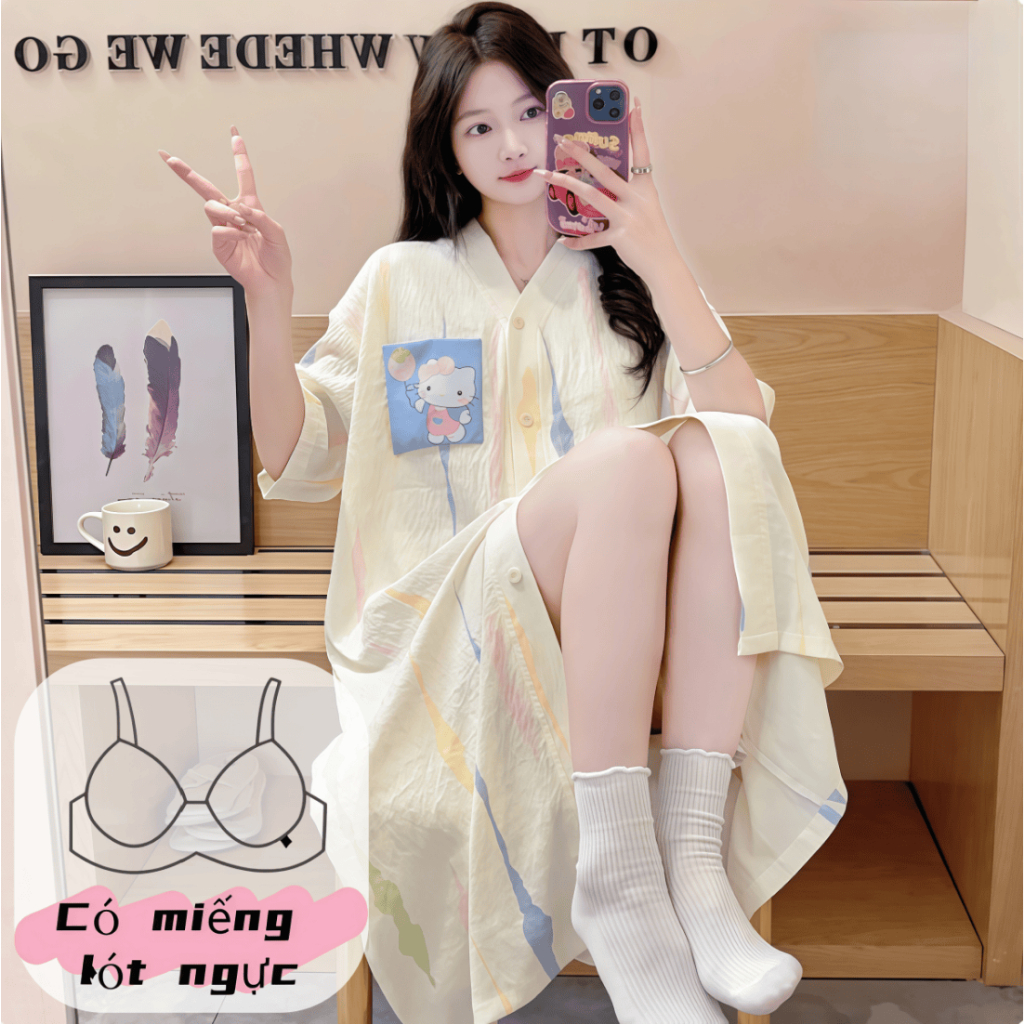 【Có miếng độn ngực】Áo ngủ nữ cổ chữ V phong cách mới in hình dễ thương chất cotton mềm mại thoáng mát rộng rãi tôn dáng ngọt ngào chi tiết lụa sang trọng mặc nhà mặc ngoài được，