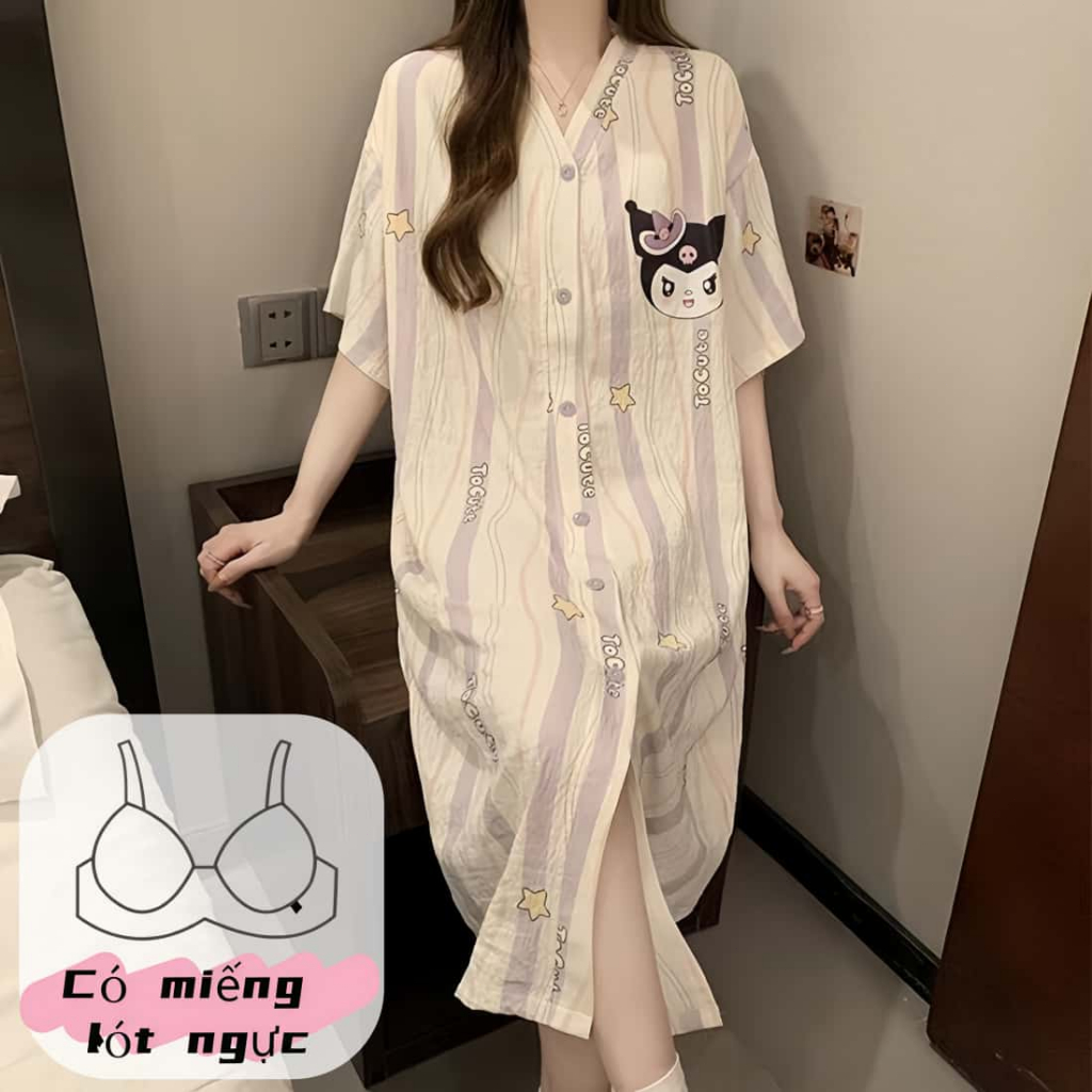 【Có miếng độn ngực】Áo ngủ nữ cổ chữ V phong cách mới in hình dễ thương chất cotton mềm mại thoáng mát rộng rãi tôn dáng ngọt ngào chi tiết lụa sang trọng mặc nhà mặc ngoài được，