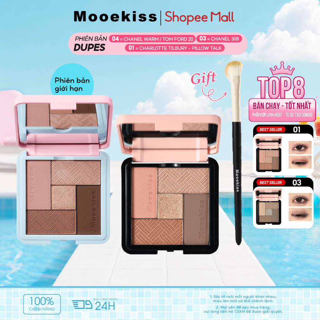 Bảng Phấn Mắt Mooekiss 5 Màu Tone Đất 8.5g, Lì Mịn, Dễ Tán, Nhỏ Gọn, Makeup Hàng NgàyNhũ Lấp LánhLì MịnSắc Tố CaoBão Hòa ThấpKhông LemNgười Mới Bắt Đầu