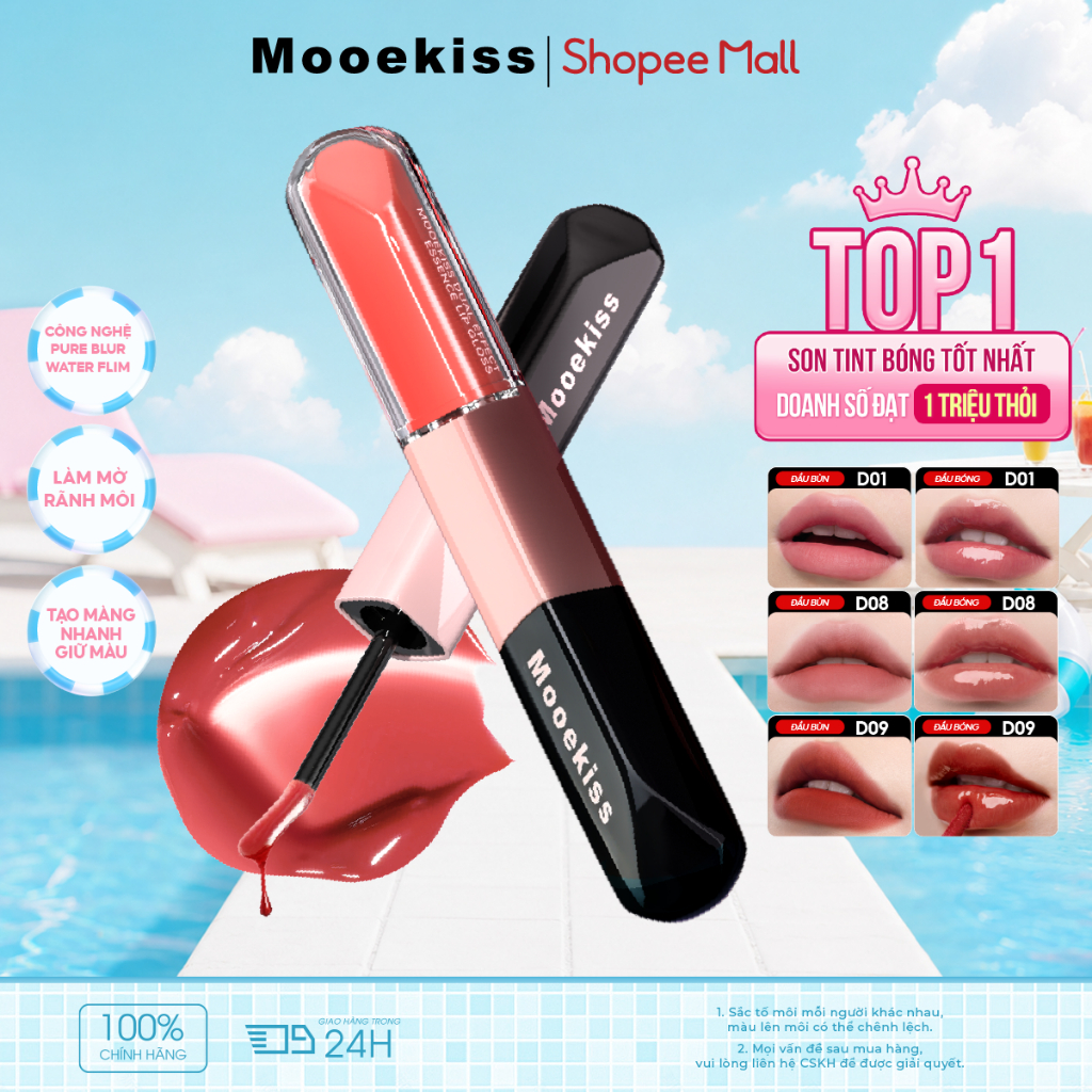 Son Mooekiss 2 Đầu Lì & Bóng, Dưỡng Ẩm 8H, Lâu Trôi, Không Lem, Mịn Nhẹ 6ml