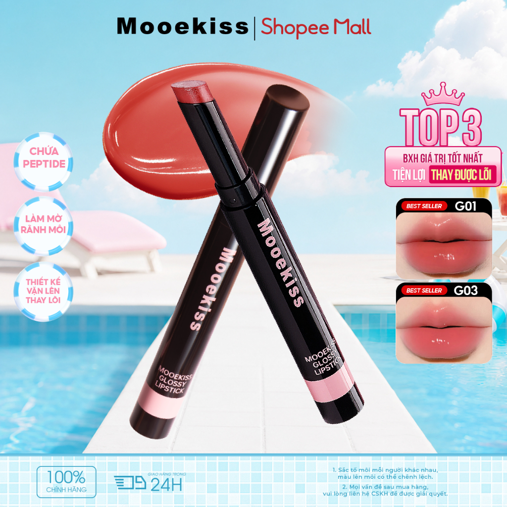 Son Mooekiss 2 Đầu Lì & Bóng 2.2g, Dưỡng Ẩm, Căng Bóng Môi, Lâu Trôi, Thiết Kế Tiện Lợi