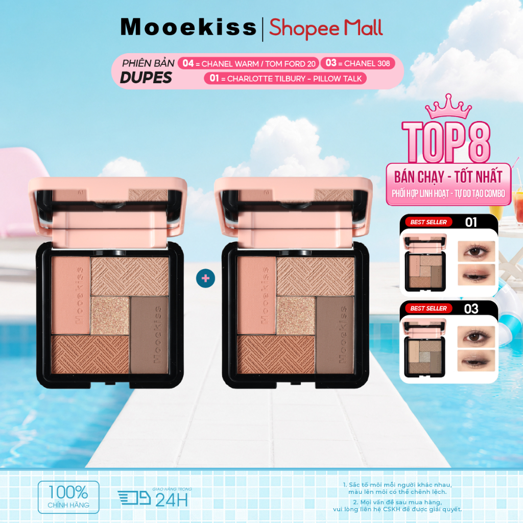 [KOL Combo 2] Combo 2 Bảng Phấn Mắt Mooekiss 5 Màu, Tone Đất, Lì Mịn, Dễ Tán 8.5gx2Nhũ Lấp LánhLì MịnSắc Tố CaoBão Hòa ThấpKhông LemNgười Mới Bắt Đầu