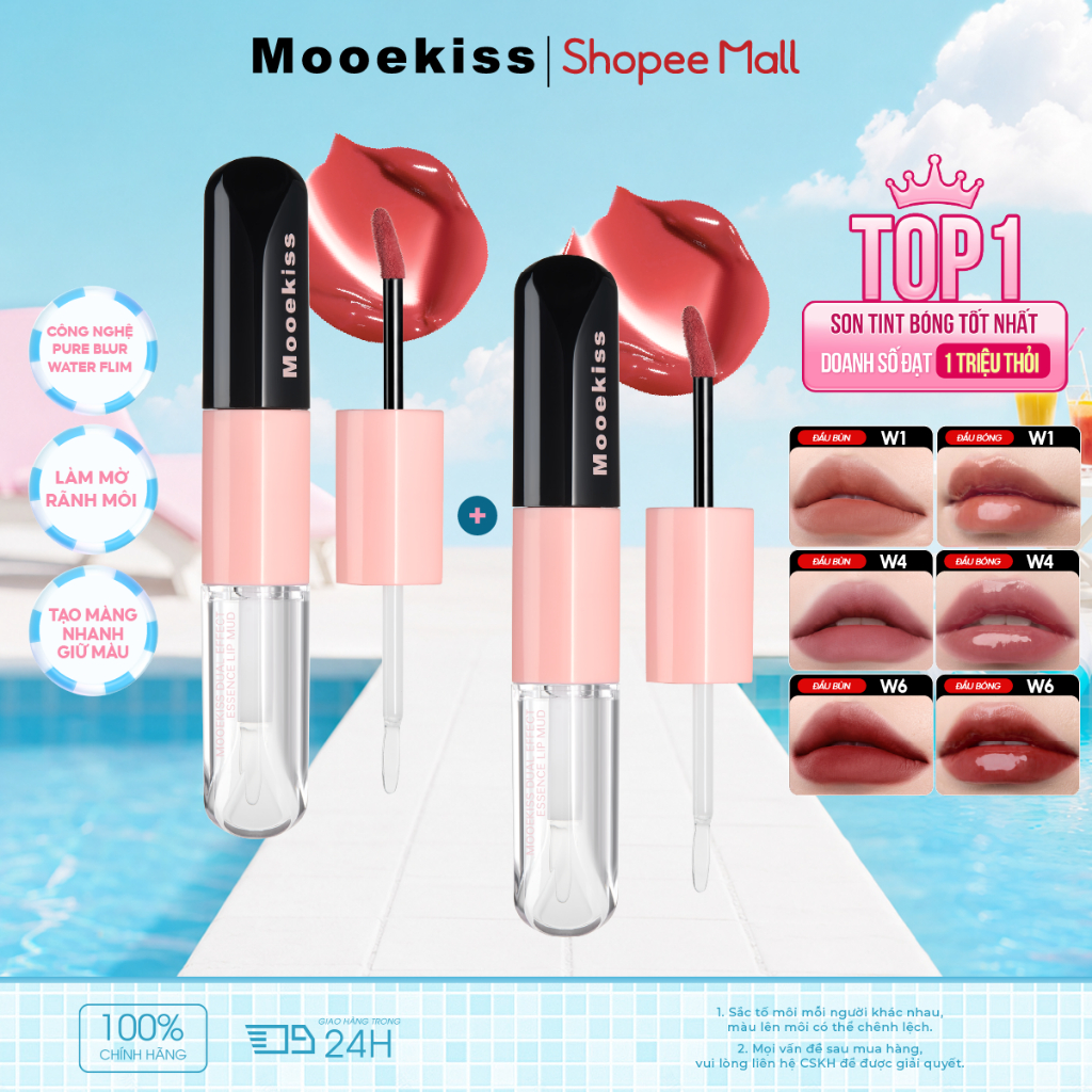 [KOL Combo 2] Combo 2 Son Mooekiss 2 Đầu 3.1g+3.1g, Lì & Bóng, Dưỡng Ẩm, Lâu Trôi, Không Lem