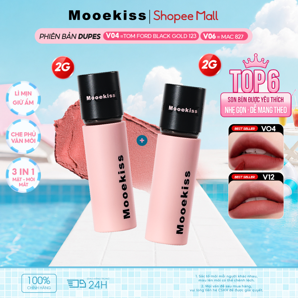 [KOL Combo 2gx2] Combo 2 Son Mooekiss 2gx2, Lì Mịn, Dưỡng Ẩm, Lâu Trôi, Tôn Da