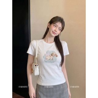 [BANKO] Nữ Hàn Quốc Mùa Hè Phong Cách Mới Slim-fit Ôm Hơn Nhìn Cún Con In Hình Vuốt Viền Áo Thun Ngắn Tay