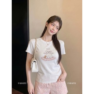[BANKO] Nữ Hàn Quốc Mùa Hè Phong Cách Mới Slim-fit Ôm Hơn Nhìn Cún Con In Hình Vuốt Viền Áo Thun Ngắn Tay