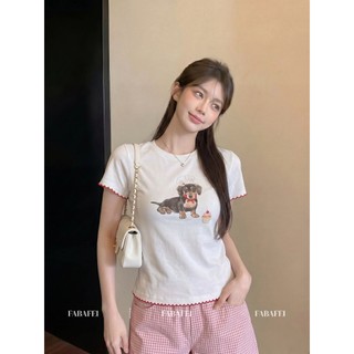 [BANKO] Nữ Hàn Quốc Mùa Hè Phong Cách Mới Slim-fit Ôm Hơn Nhìn Cún Con In Hình Vuốt Viền Áo Thun Ngắn Tay
