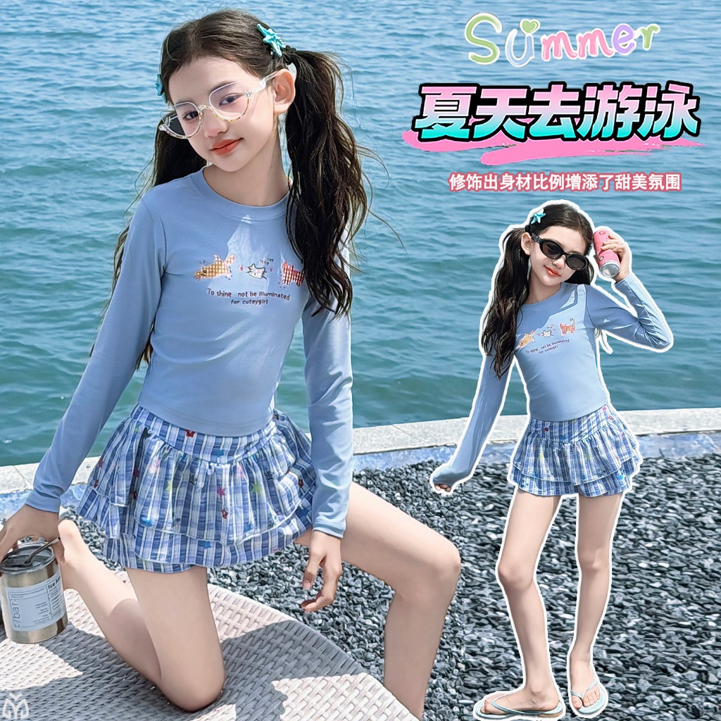 Đồ bơi in hình hoạt hình bé gái Mùa hè 2026 Phong cách mới cho trẻ em Áo dài tay + Quần short Đồ bơi
