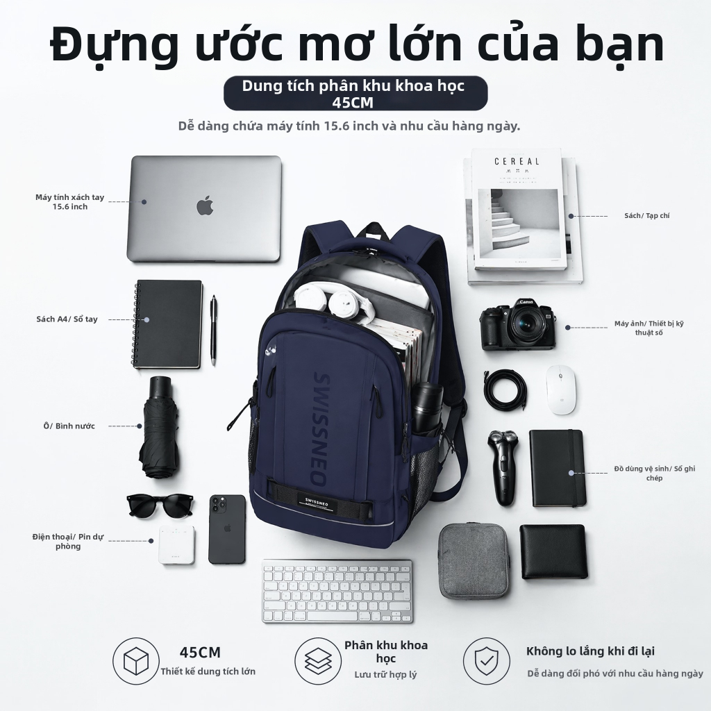 Balo Công Sở Nam SWISSNEO Chống Nước, Nhiều Ngăn, Đệm Lưng Thoáng Khí, Đi Làm/Đi Học/Đi Du Lịch