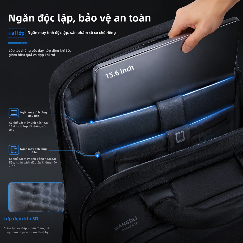 Ba lô máy tínhBalo Laptop Nam Cao Cấp Chống Nước, 2 Ngăn Máy Tính, Đựng Máy 15.6 Inch, Thời Trang Văn Phòng, Đen/Xanh Đậm