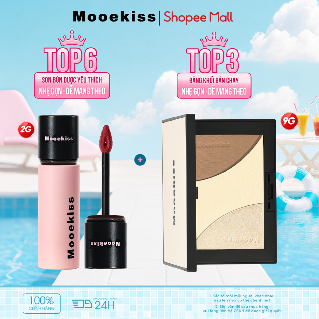 [Combo 2] Son Mooekiss Soft Mist Matte + Bảng Tạo Khối 3 Màu 9g, Lì Mịn, Lâu Trôi, Makeup Full Set