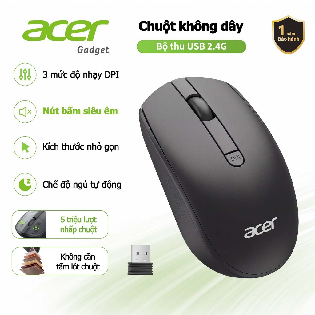 Acer Chuột Không Dây 2.4G Im Lặng Ergonomic Chuột Cho Laptop PC Windows Mac OS Chuột USB-A Đầu Thu DPI Chế Độ Ngủ Tự Động M404 | BigBuy360 - bigbuy360.vn