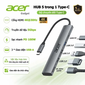 Acer Hub chia cổng usb 5 trong 1 sang 4K PD100W 3 cổng dữ liệu USB A Bộ chuyển đổi đa cổng USB C sang HDMI cho máy tính xách tay PC máy tính bảng Pad UC503