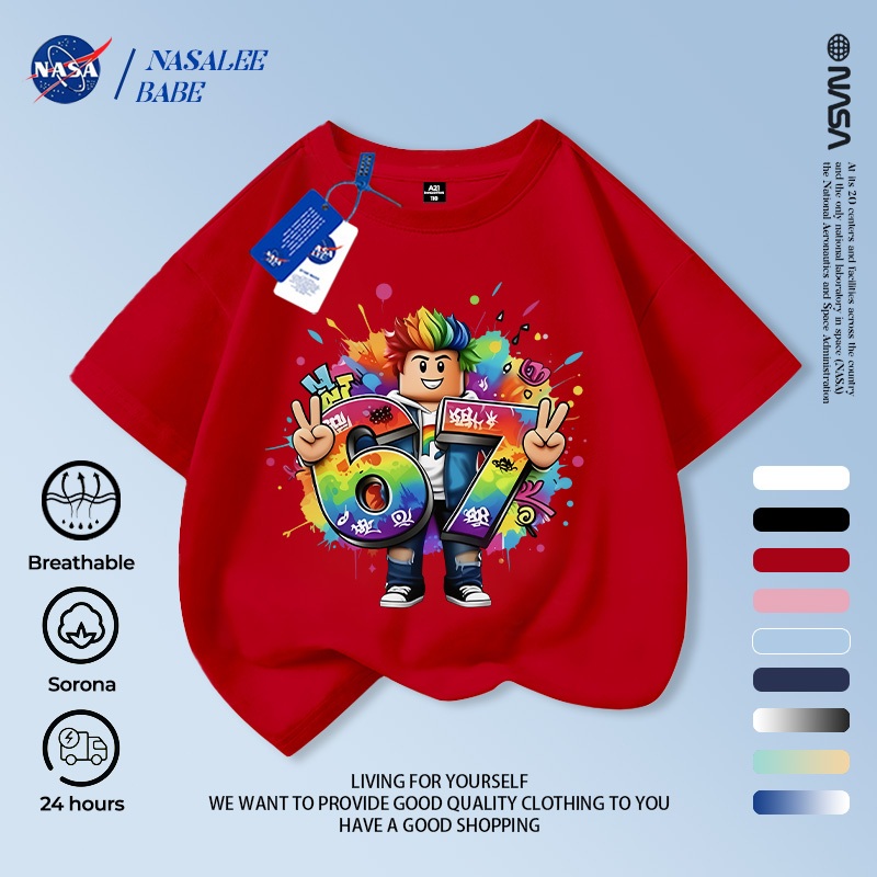 [Hàng có sẵn Vận chuyển nhanh] NASA Roblox 67 Trẻ em ngắn tay mùa hè Cotton nguyên chất thoáng khí vừa lớn Trẻ em in hình vui nhộn