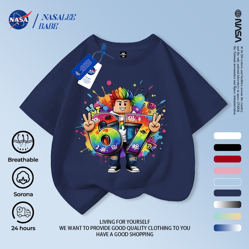 [Hàng có sẵn Vận chuyển nhanh] NASA Roblox 67 Trẻ em ngắn tay mùa hè Cotton nguyên chất thoáng khí vừa lớn Trẻ em in hình vui nhộn
