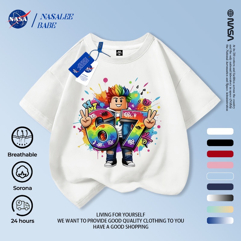 [Hàng có sẵn Vận chuyển nhanh] NASA Roblox 67 Trẻ em ngắn tay mùa hè Cotton nguyên chất thoáng khí vừa lớn Trẻ em in hình vui nhộn