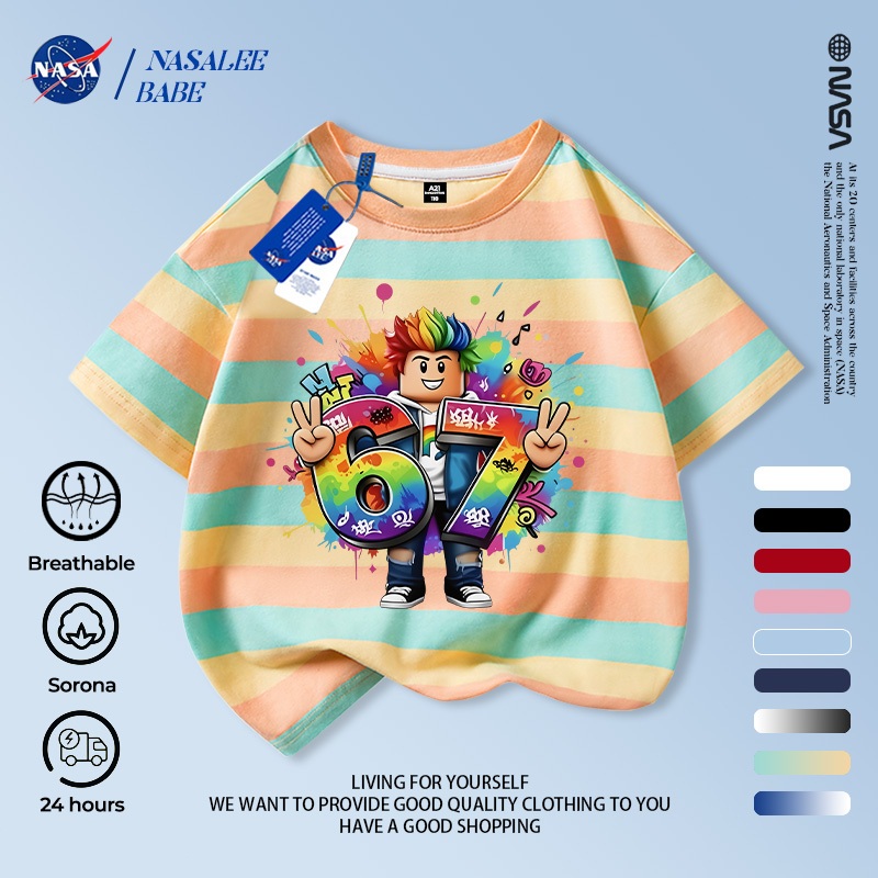 [Hàng có sẵn Vận chuyển nhanh] NASA Roblox 67 Trẻ em ngắn tay mùa hè Cotton nguyên chất thoáng khí vừa lớn Trẻ em in hình vui nhộn