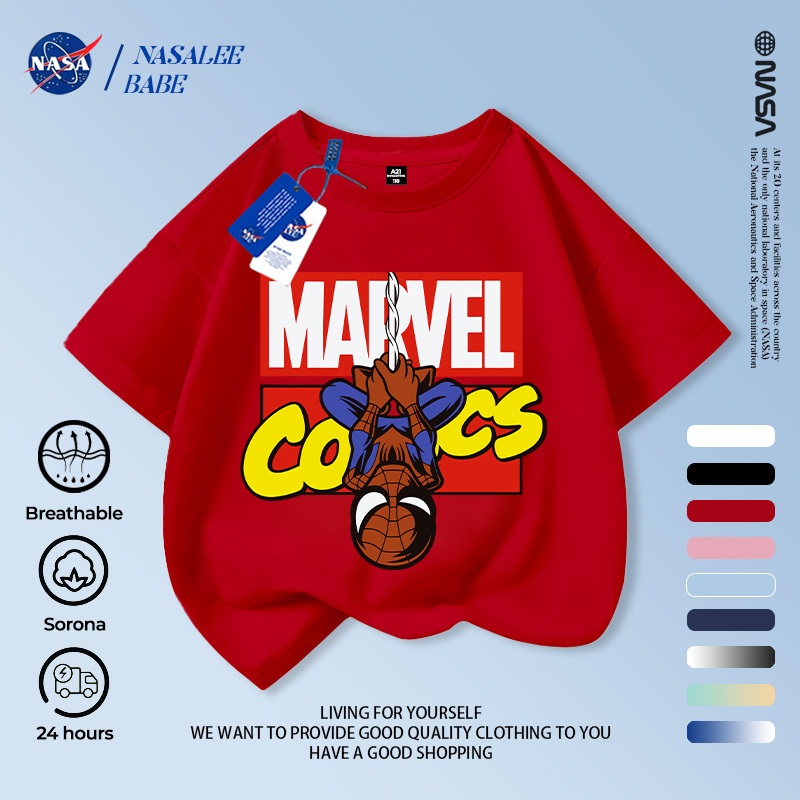 [Hàng có sẵn Vận chuyển nhanh] NASA Spiderman Trẻ em tay ngắn mùa hè Cotton nguyên chất thoáng khí giữa lớn Trẻ em vui nhộn in hình