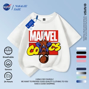 NASA Spiderman Trẻ em tay ngắn mùa hè Cotton nguyên chất thoáng khí giữa lớn Trẻ em vui nhộn in hình