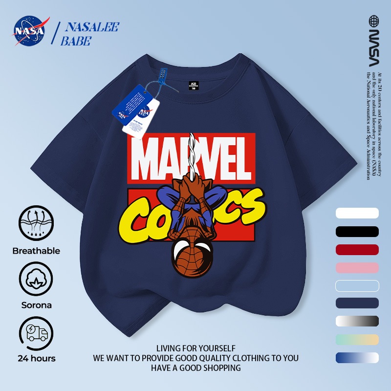 [Hàng có sẵn Vận chuyển nhanh] NASA Spiderman Trẻ em tay ngắn mùa hè Cotton nguyên chất thoáng khí giữa lớn Trẻ em vui nhộn in hình