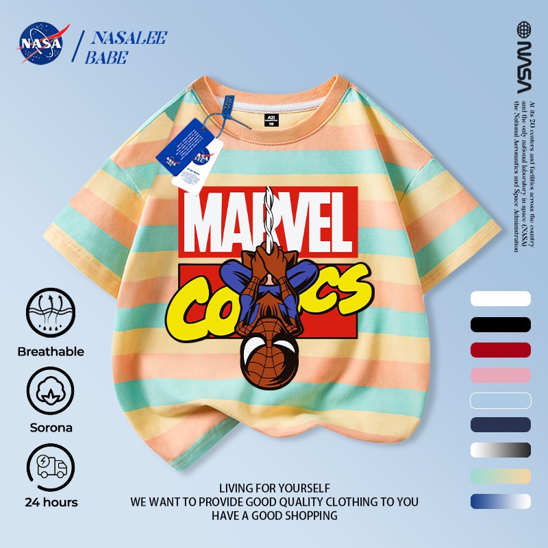 [Hàng có sẵn Vận chuyển nhanh] NASA Spiderman Trẻ em tay ngắn mùa hè Cotton nguyên chất thoáng khí giữa lớn Trẻ em vui nhộn in hình