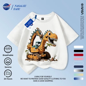 Máy xúc khủng long NASA Trẻ em tay ngắn mùa hè Cotton nguyên chất thoáng khí vừa lớn Trẻ em in hình vui nhộn