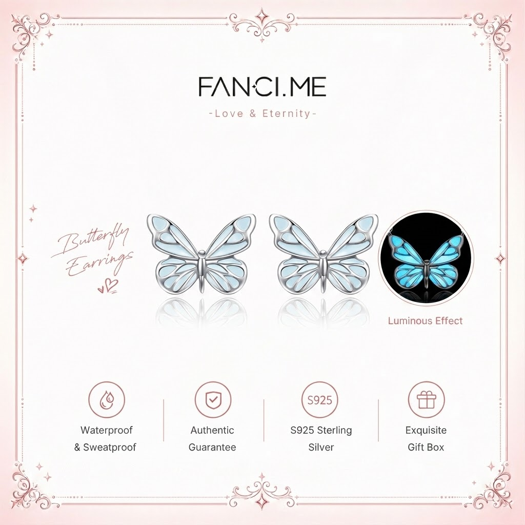 FANCIME Phát Sáng Bướm 925 Bông Tai Bạc Phát Sáng Trong Bóng Tối Thiết Kế Kỷ Niệm Ngày Lễ Tình Nhân Quà Tặng Sinh Nhật Cho Nàng