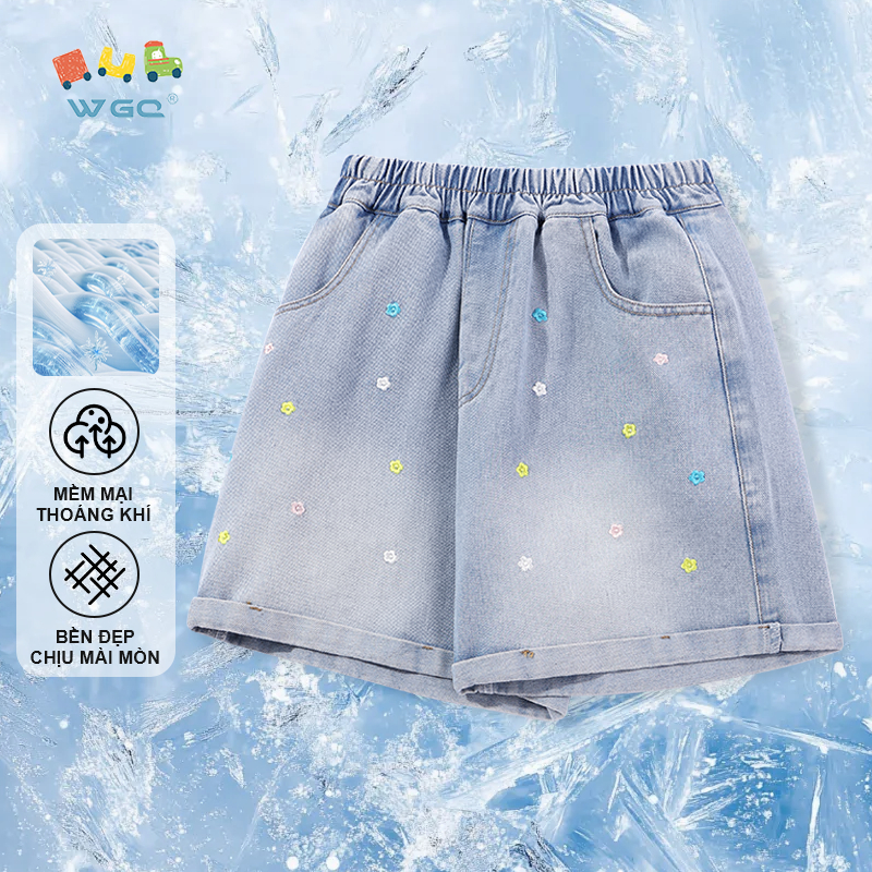 W.G.Q Quần short Denim bé gái，Phong cách mới mùa hè，Thiết kế thêu hoa，Mềm mại thoải mái，Thời trang phù hợp