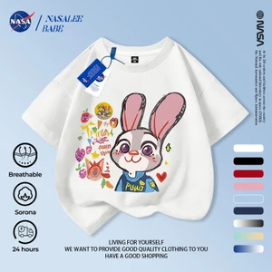 Sĩ quan cảnh sát thỏ NASA Trẻ em tay ngắn mùa hè Cotton nguyên chất thoáng khí vừa lớn Trẻ em in hình vui nhộn