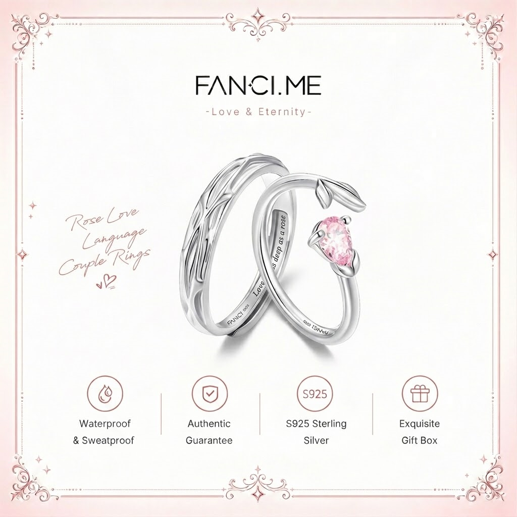 FANCIME Bạc Hoa Hồng Cặp Đôi Nhẫn Có Thể Điều Chỉnh Cá Tính Hứa Nhẫn Cho Ngày Lễ Tình Nhân Sinh Nhật Quà Tặng Đám Cưới