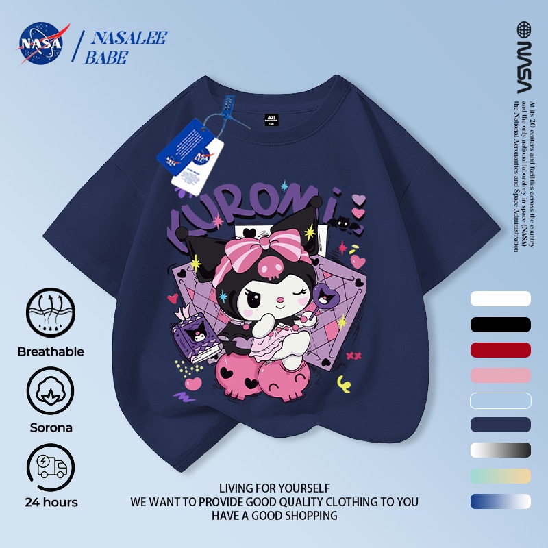 [Hàng có sẵn Vận chuyển nhanh] NASA Kuromi Children Tay ngắn mùa hè Cotton nguyên chất thoáng khí vừa lớn Trẻ em in hình vui nhộn