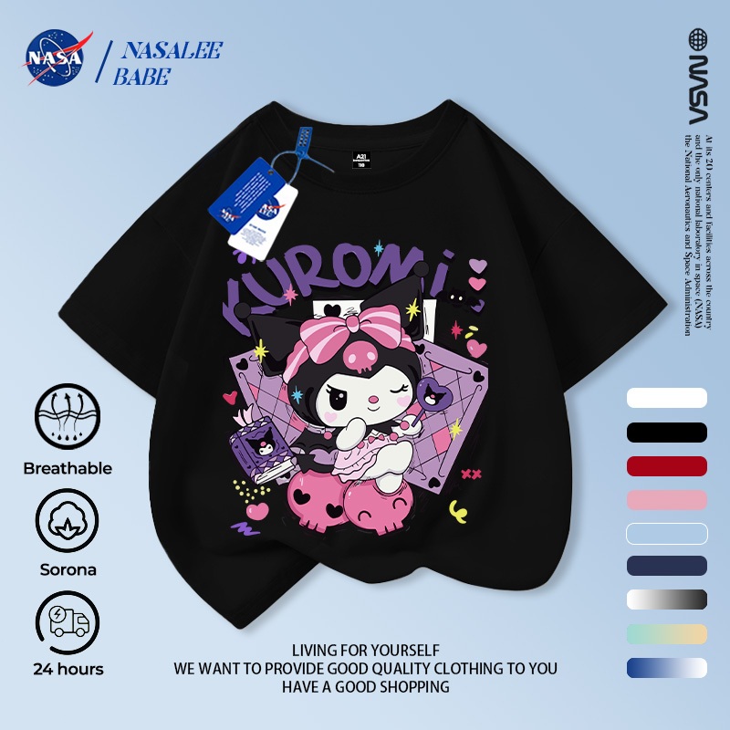 [Hàng có sẵn Vận chuyển nhanh] NASA Kuromi Children Tay ngắn mùa hè Cotton nguyên chất thoáng khí vừa lớn Trẻ em in hình vui nhộn