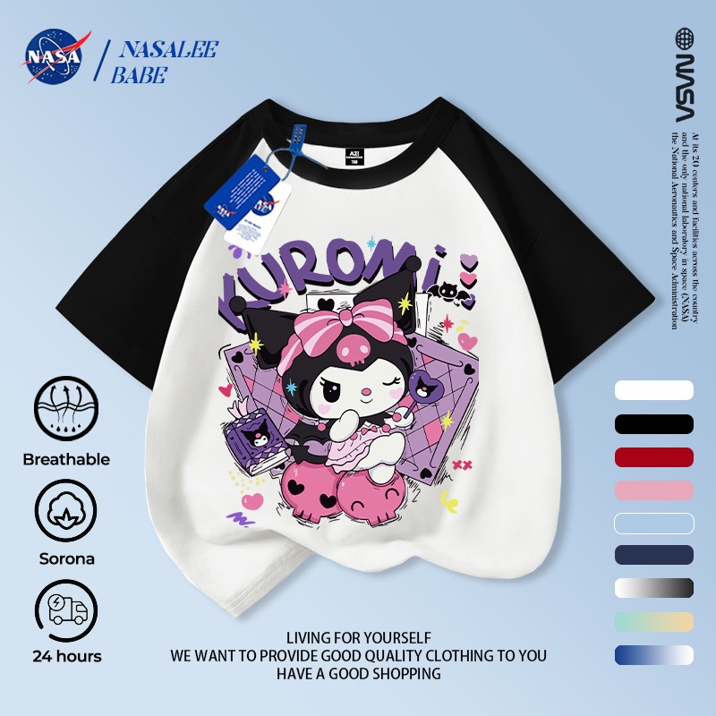 [Hàng có sẵn Vận chuyển nhanh] NASA Kuromi Children Tay ngắn mùa hè Cotton nguyên chất thoáng khí vừa lớn Trẻ em in hình vui nhộn