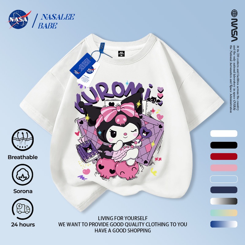 [Hàng có sẵn Vận chuyển nhanh] NASA Kuromi Children Tay ngắn mùa hè Cotton nguyên chất thoáng khí vừa lớn Trẻ em in hình vui nhộn