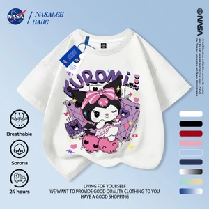 NASA Kuromi Children Tay ngắn mùa hè Cotton nguyên chất thoáng khí vừa lớn Trẻ em in hình vui nhộn
