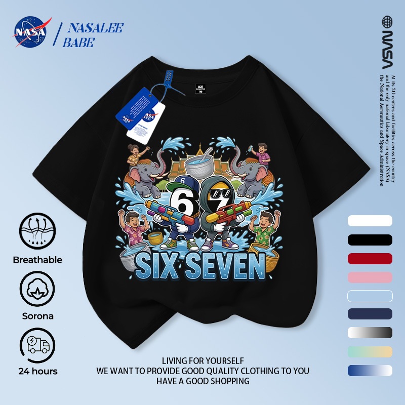 [Hàng có sẵn Vận chuyển nhanh] Lễ hội chống thấm nước của NASA Trẻ em tay ngắn mùa hè Cotton nguyên chất thoáng khí giữa lớn Trẻ em in hình vui nhộn