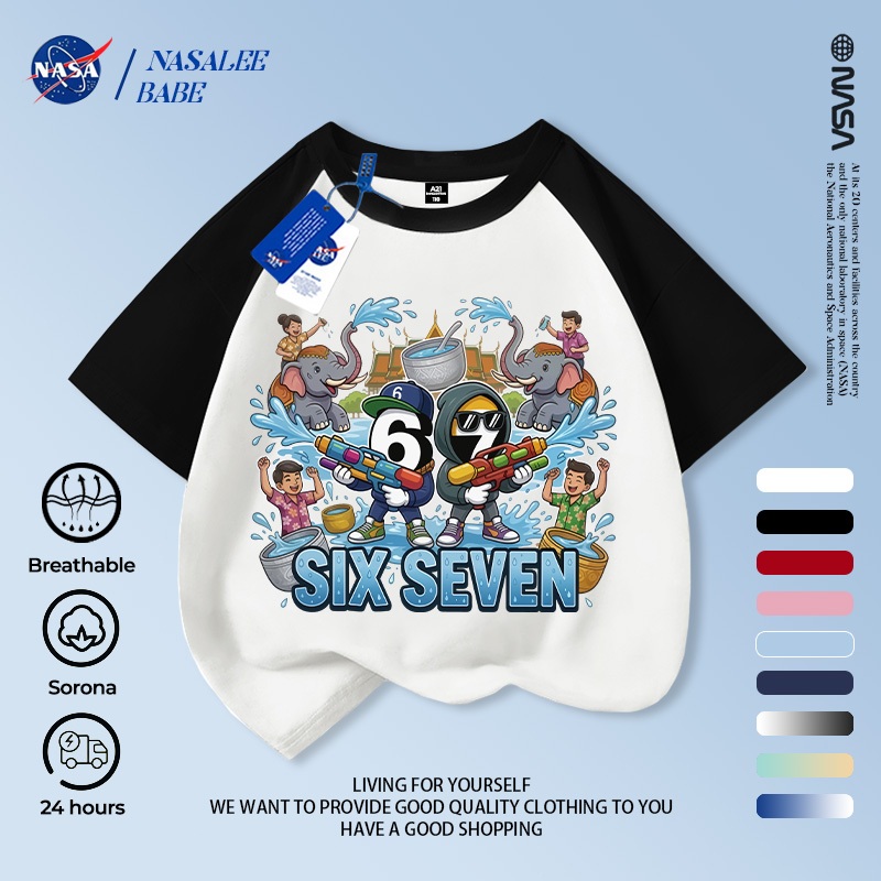 [Hàng có sẵn Vận chuyển nhanh] Lễ hội chống thấm nước của NASA Trẻ em tay ngắn mùa hè Cotton nguyên chất thoáng khí giữa lớn Trẻ em in hình vui nhộn