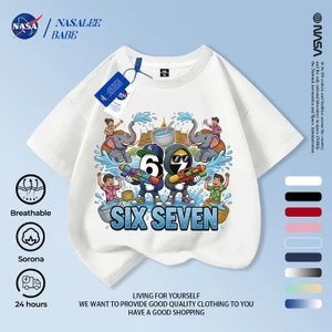 Lễ hội chống thấm nước của NASA Trẻ em tay ngắn mùa hè Cotton nguyên chất thoáng khí giữa lớn Trẻ em in hình vui nhộn
