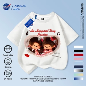 Cặp đôi khỉ NASA Trẻ em tay ngắn mùa hè Cotton nguyên chất thoáng khí vừa lớn Trẻ em in hình vui nhộn