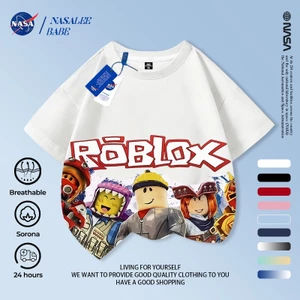 NASA Roblox Theme Trẻ em tay ngắn mùa hè Cotton nguyên chất thoáng khí vừa lớn Trẻ em in hình vui nhộn